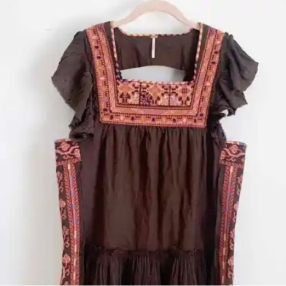 Free People Brown Mini Dress with Coral Embroidered Yoke - Picture 6 of 11